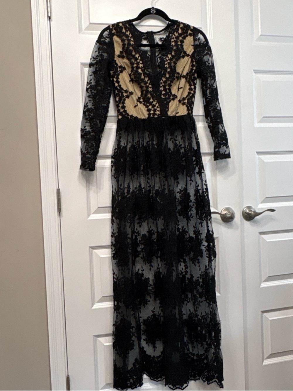 Black Lace Overlay Maxi Dress with Tan Underlay at bust witch costume ready